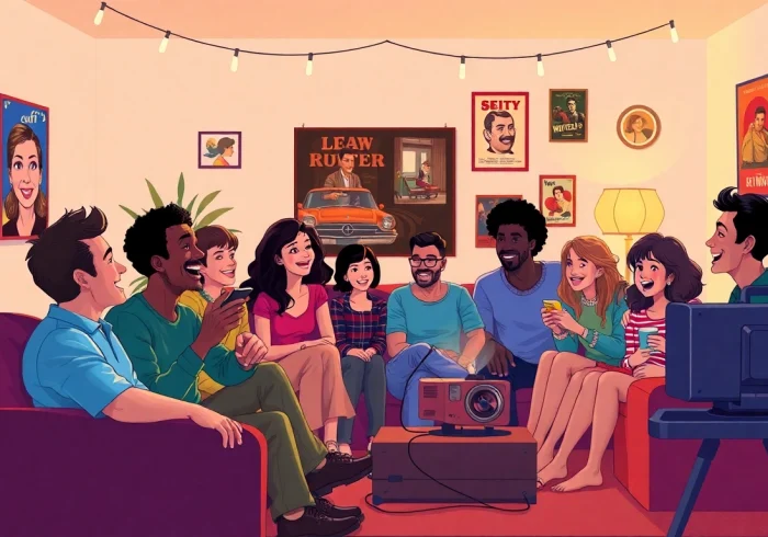 Enjoy vibrant public domain movies streaming with friends in a cozy setting lit by warm lights.