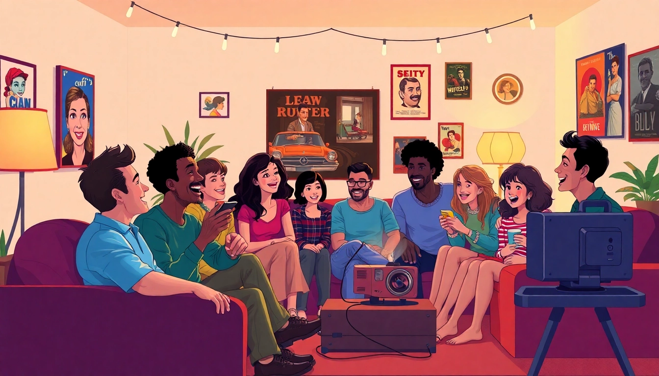 Enjoy vibrant public domain movies streaming with friends in a cozy setting lit by warm lights.