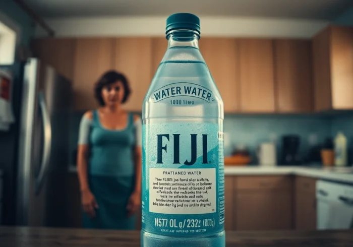 View of a Fiji water bottle labeled in the 2024 recall investigation for manganese and bacteria concerns.