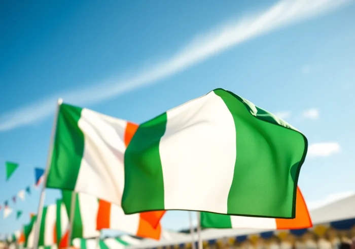 Showcase custom flags Ireland in a vibrant festival setting, highlighting their colors and details.