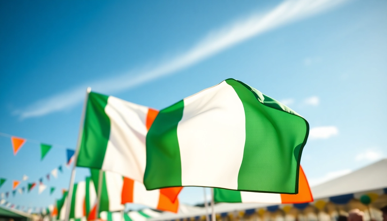 Showcase custom flags Ireland in a vibrant festival setting, highlighting their colors and details.