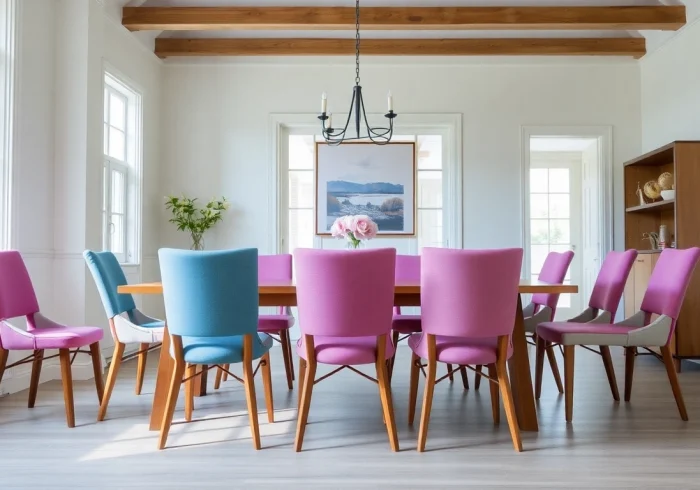 Stylish housses de chaises enhancing the decor of a beautifully arranged dining space.