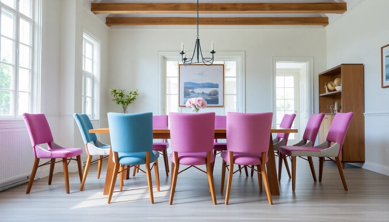 Stylish housses de chaises enhancing the decor of a beautifully arranged dining space.