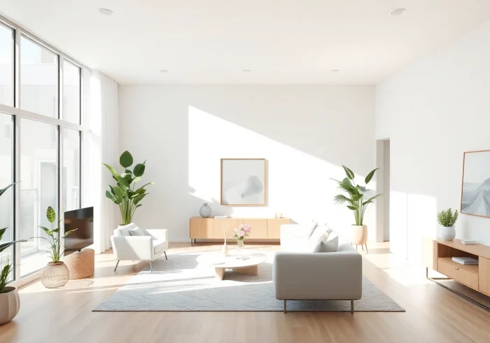 Enhance your entire interior with a bright and minimalist living room design featuring natural light and greenery.