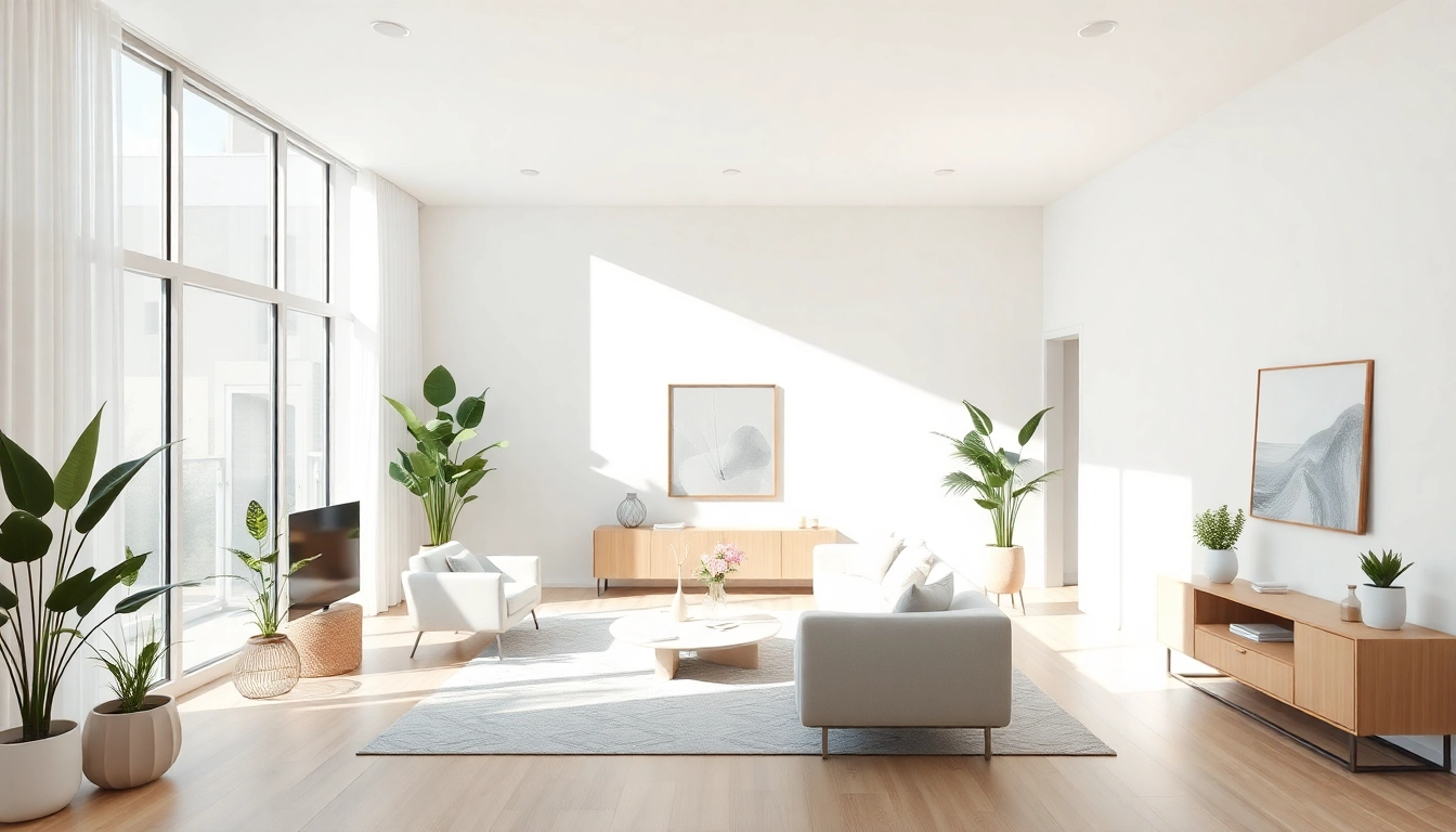 Enhance your entire interior with a bright and minimalist living room design featuring natural light and greenery.