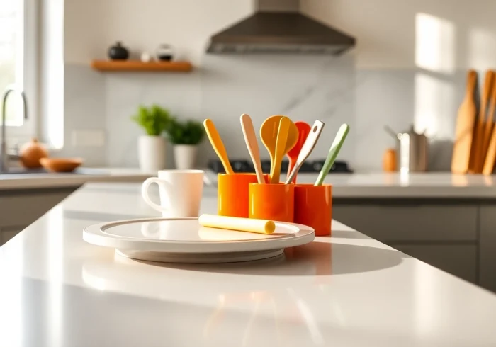 Using a cream charger to create whipped cream with vibrant culinary utensils on a kitchen counter.