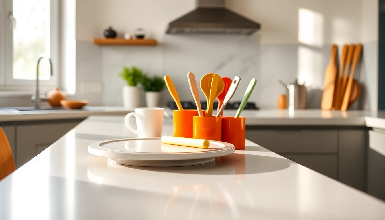 Using a cream charger to create whipped cream with vibrant culinary utensils on a kitchen counter.