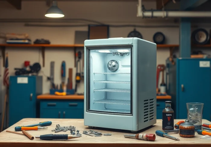 Beverage cooler repair being conducted with tools displayed, showcasing hands-on troubleshooting.