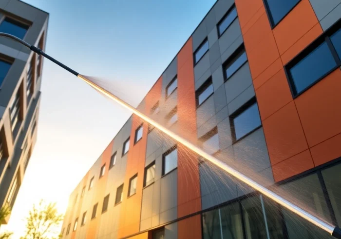 Expertly cleaning commercial building facades with our Business Facade Services for exceptional results.