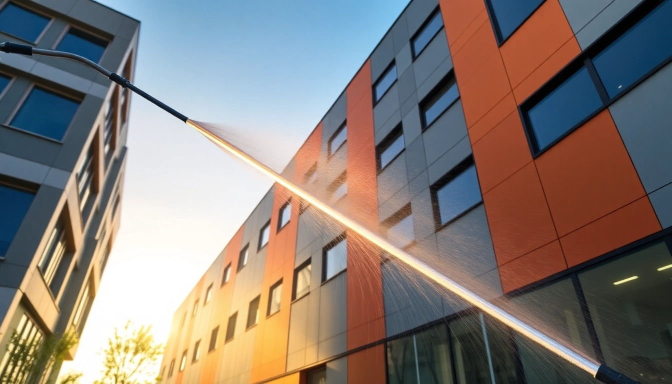 Expertly cleaning commercial building facades with our Business Facade Services for exceptional results.