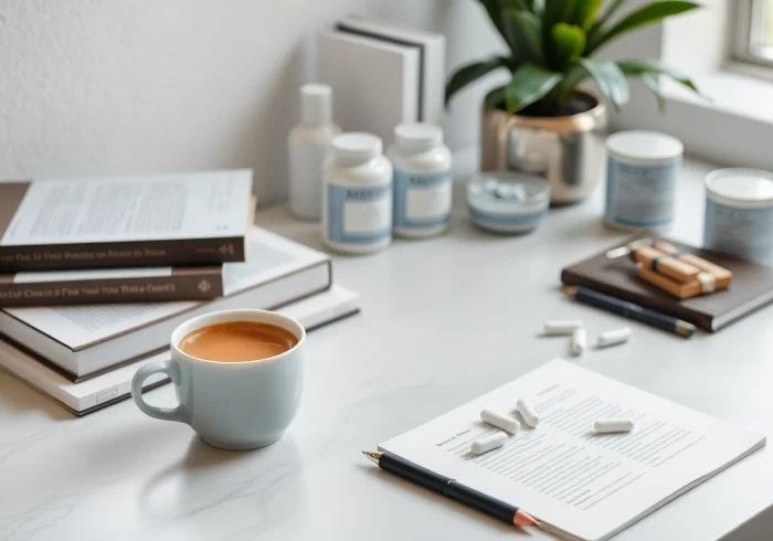 Boost cognitive function with Nootropics supplements on a minimalist workspace.