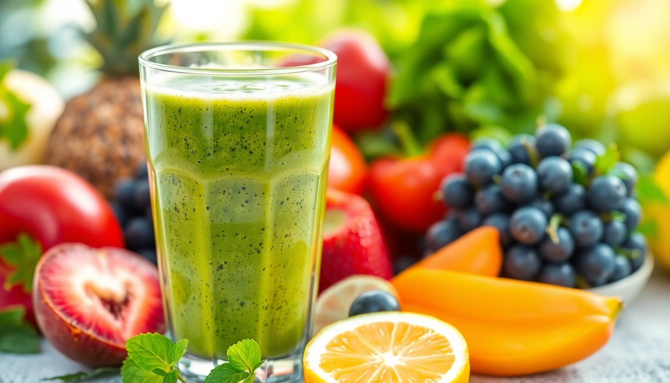 Refreshing green smoothie rich in antioxidants displayed in a clear glass amidst vibrant fruits and vegetables.