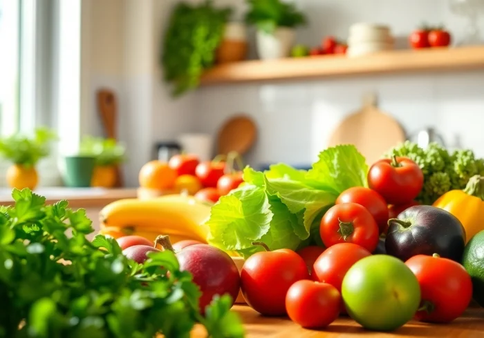 Promote healthy living with healthlifeherald.com showcasing fresh vegetables on a sunny kitchen table.