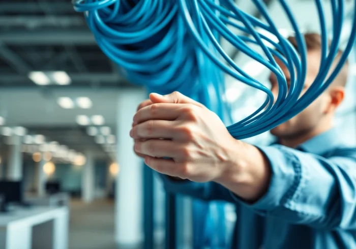 Technician performing Data Cable Installation service in a professional office setting, showcasing high-quality cables.