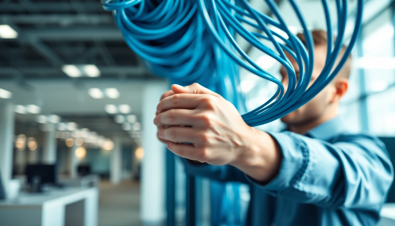 Technician performing Data Cable Installation service in a professional office setting, showcasing high-quality cables.