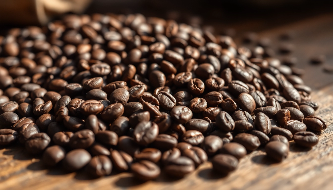 Roasted coffee beans showcasing rich texture and flavor in a cozy setting.