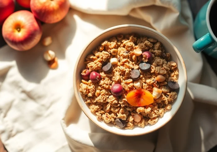 Enjoy gluten free granola packed with nuts and fruits, served in a rustic bowl.