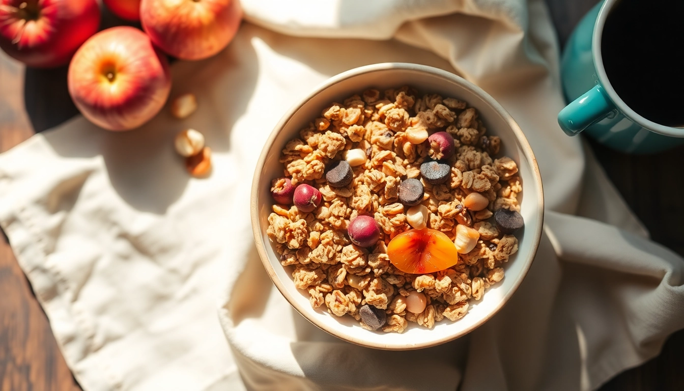 Enjoy gluten free granola packed with nuts and fruits, served in a rustic bowl.