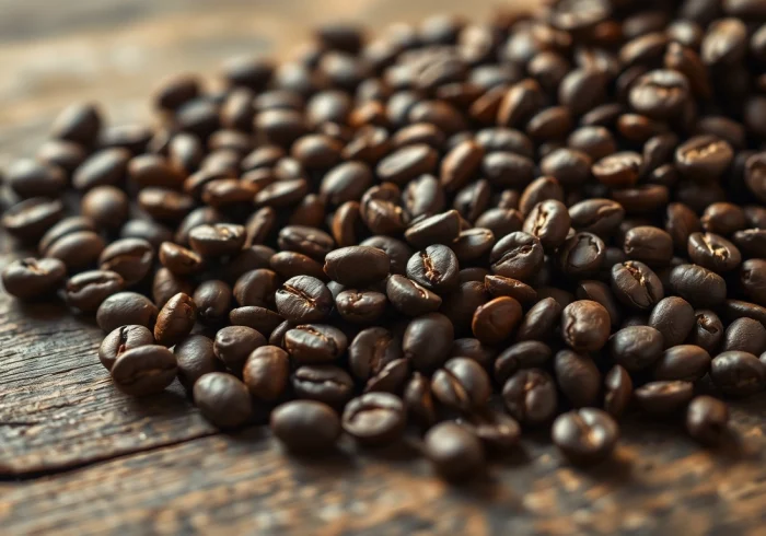 View freshly roasted Decaf Coffee Beans showcasing their rich aroma and texture on a wooden surface.