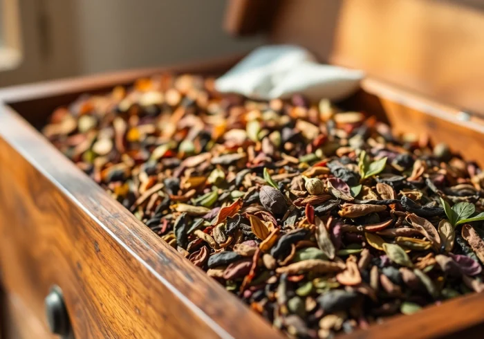 Discover the rich textures of loose leaf tea varieties in a beautifully crafted wooden chest.