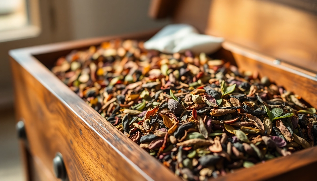 Discover the rich textures of loose leaf tea varieties in a beautifully crafted wooden chest.