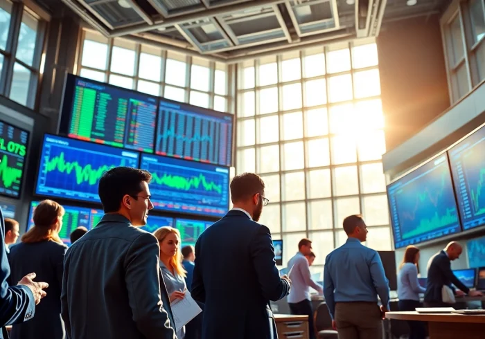 Traders analyzing trade futures data in a vibrant trading floor environment.