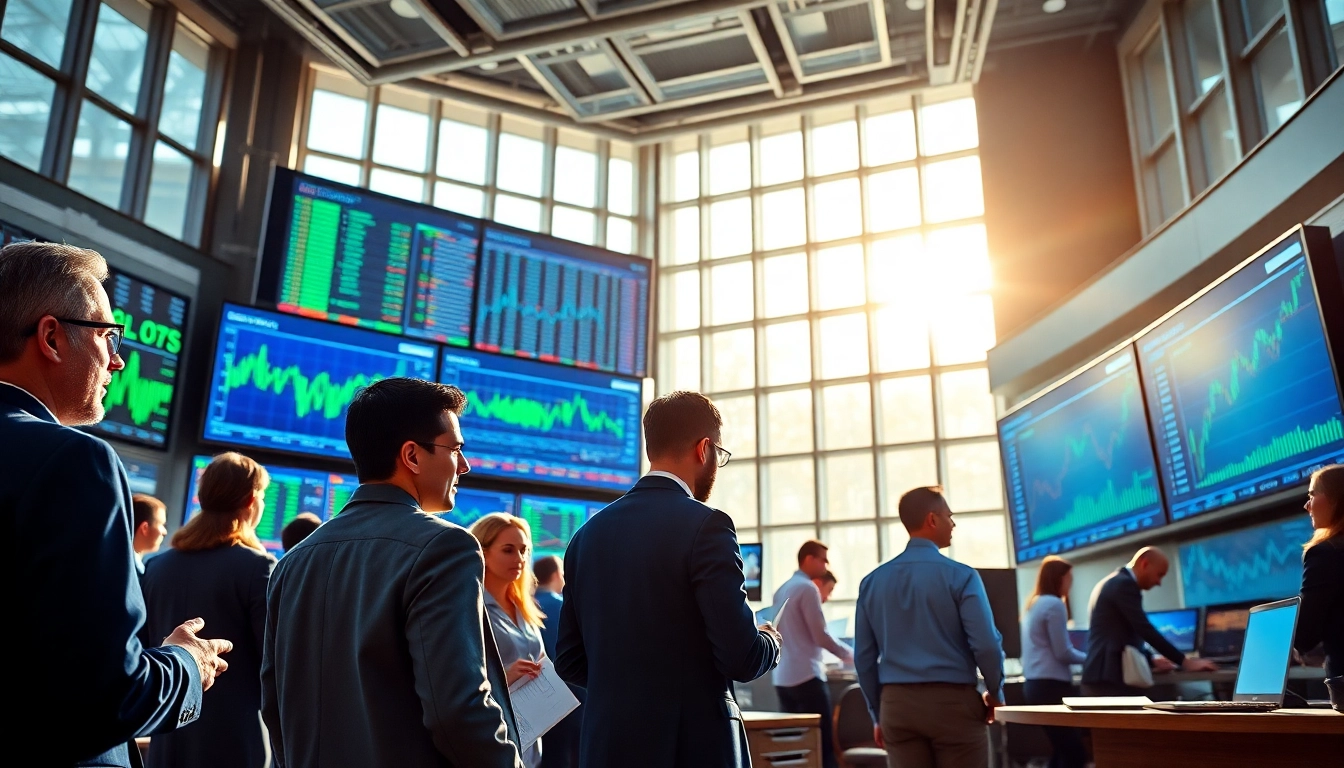 Traders analyzing trade futures data in a vibrant trading floor environment.