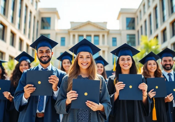 Celebrating graduates with their original university degree UK outside a prestigious university.