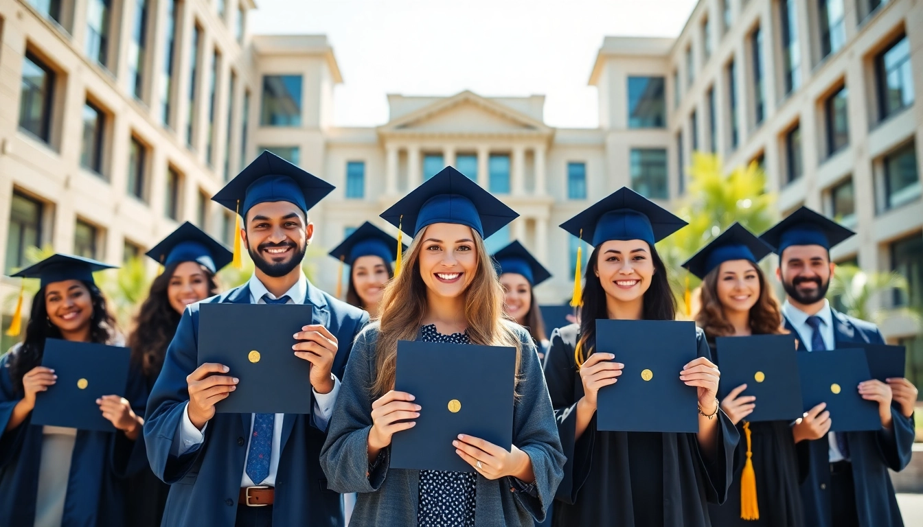Celebrating graduates with their original university degree UK outside a prestigious university.