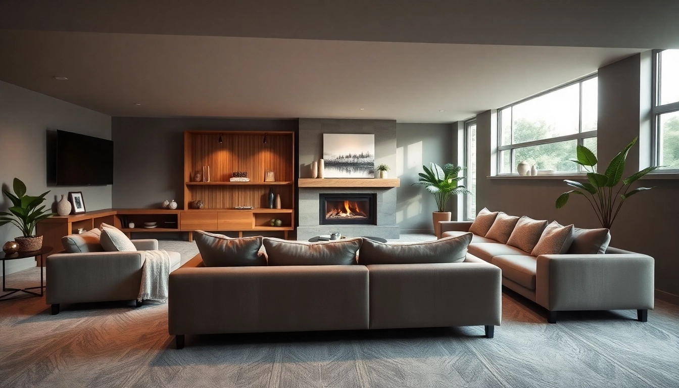 Utah basement builders showcasing a modern finished basement with cozy seating and stylish decor.
