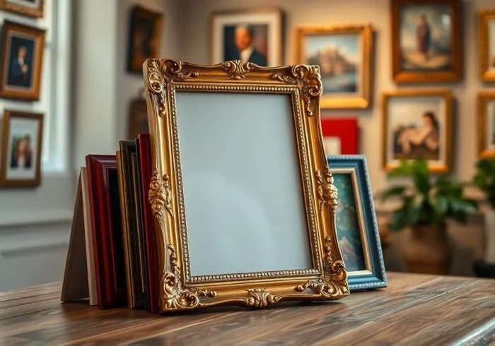 Adorn ornate picture frames on a vintage table, showcasing stunning designs and intricate details.