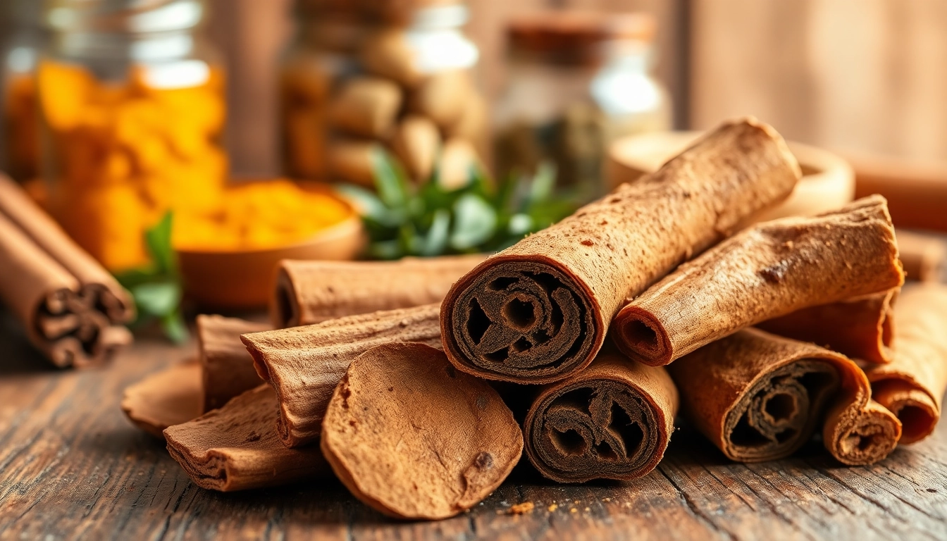 Cinnamon Bark pieces displayed attractively on a rustic wooden surface