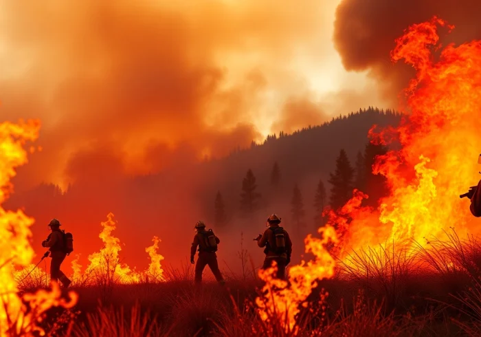 Engaged firefighters tackling wildfire events amidst dramatic flames and smoky skies.