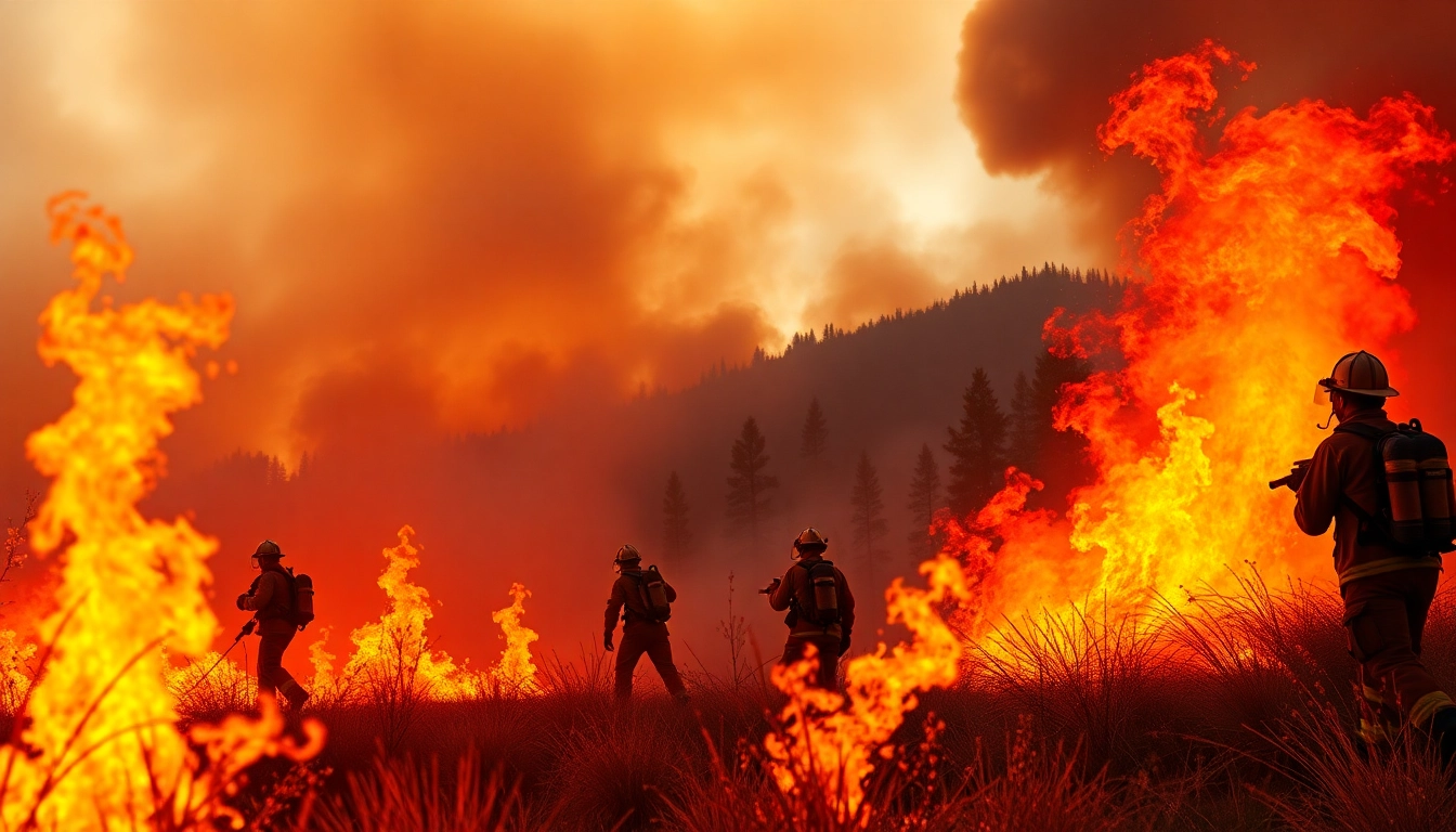 Engaged firefighters tackling wildfire events amidst dramatic flames and smoky skies.