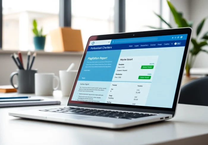 Analyze content with a plagiarism checker interface on a laptop, emphasizing accuracy and clarity.