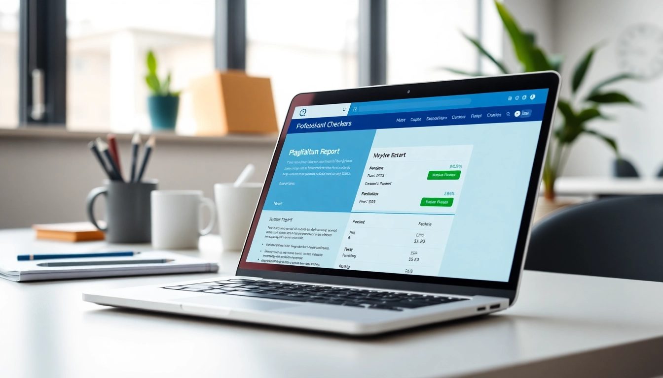 Analyze content with a plagiarism checker interface on a laptop, emphasizing accuracy and clarity.