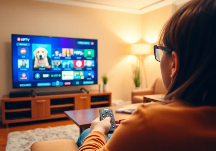 Engaged user testing an iptv test line experience on a smart TV in a cozy setting.