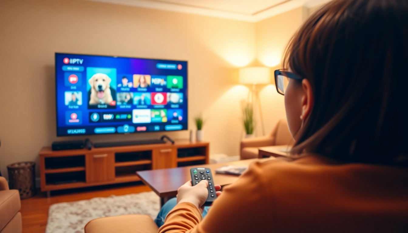 Engaged user testing an iptv test line experience on a smart TV in a cozy setting.
