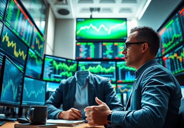 Analyze trade futures trends in a dynamic trading room with multiple screens.