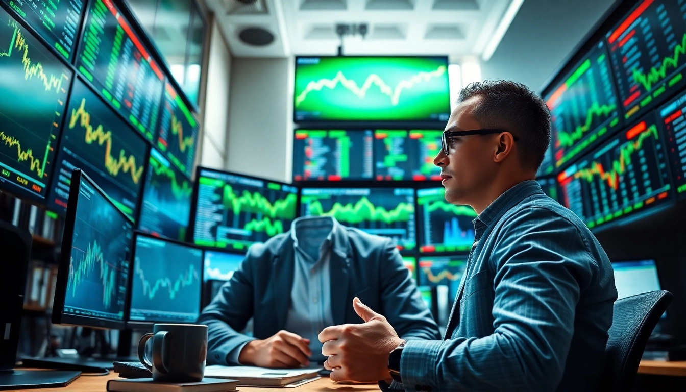 Analyze trade futures trends in a dynamic trading room with multiple screens.