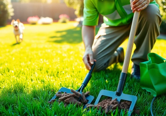 Dog poop cleaning service technician scooping pet waste in a clean, green yard.