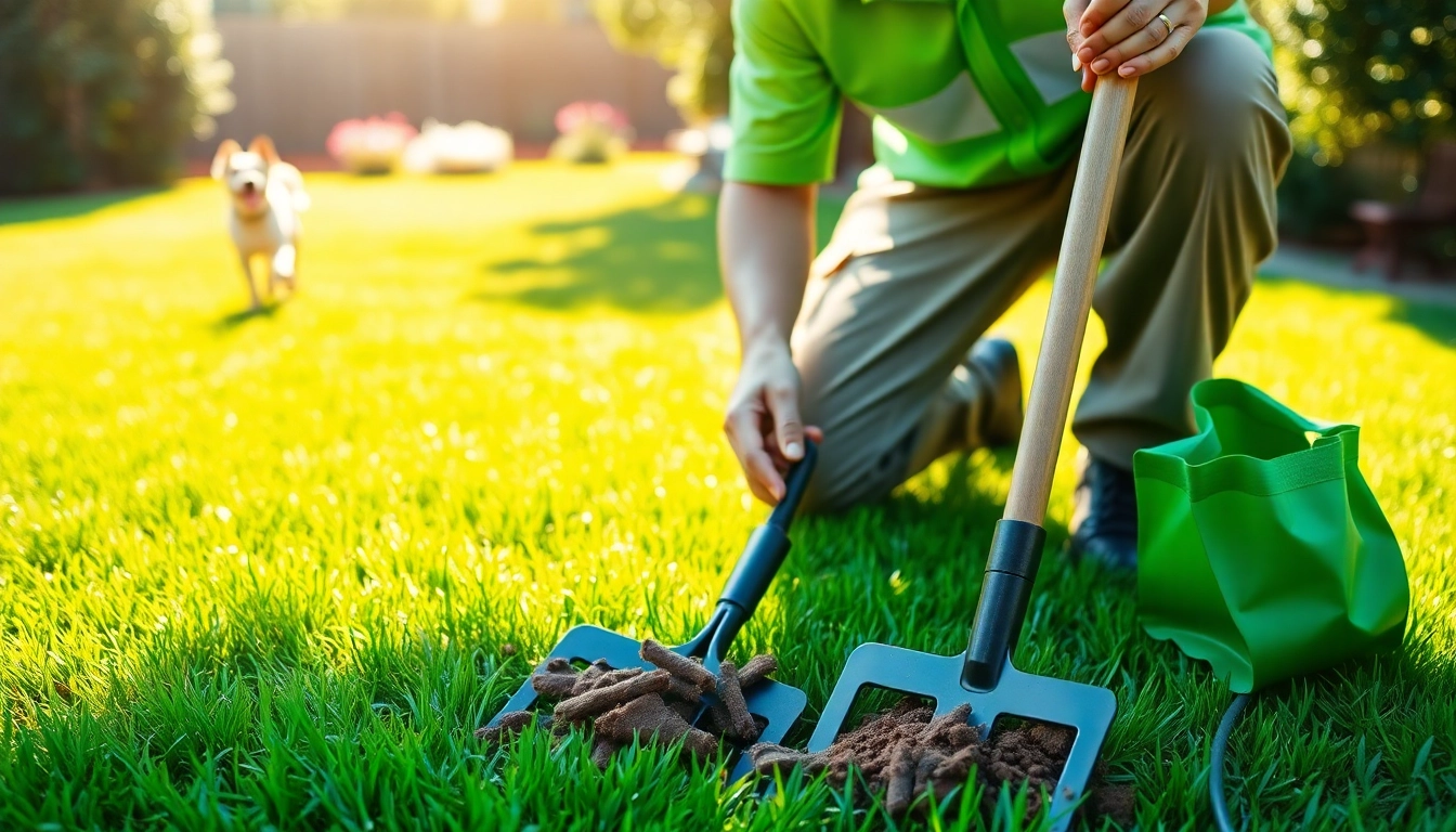 Dog poop cleaning service technician scooping pet waste in a clean, green yard.