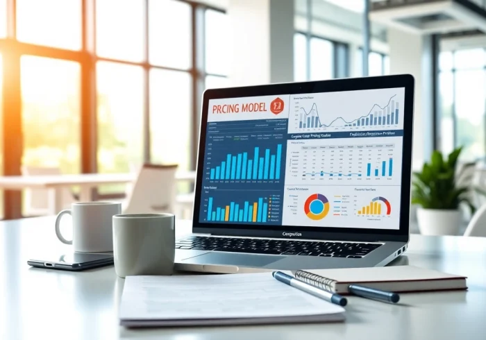 Conducting competitor pricing research with charts and analytics in a modern office.