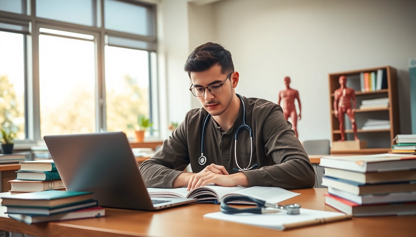 Medizinstudium ohne NC: engagierter Student in modernem Unterrichtszimmer, fokussiert auf das Studium.