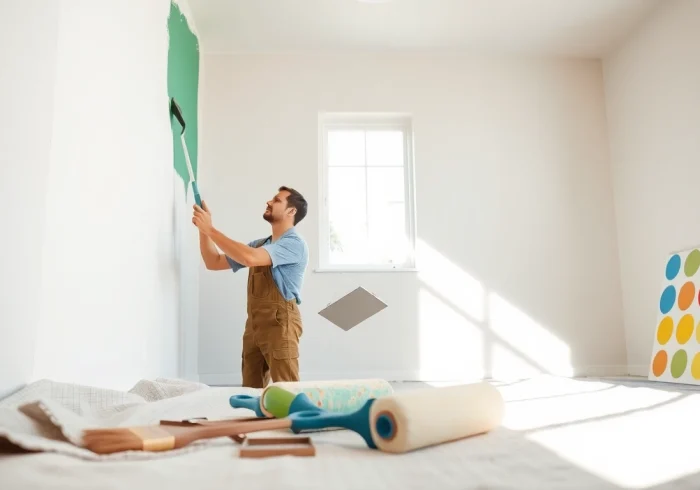 Painter demonstrating drywall painting techniques with vibrant colors and professional tools.