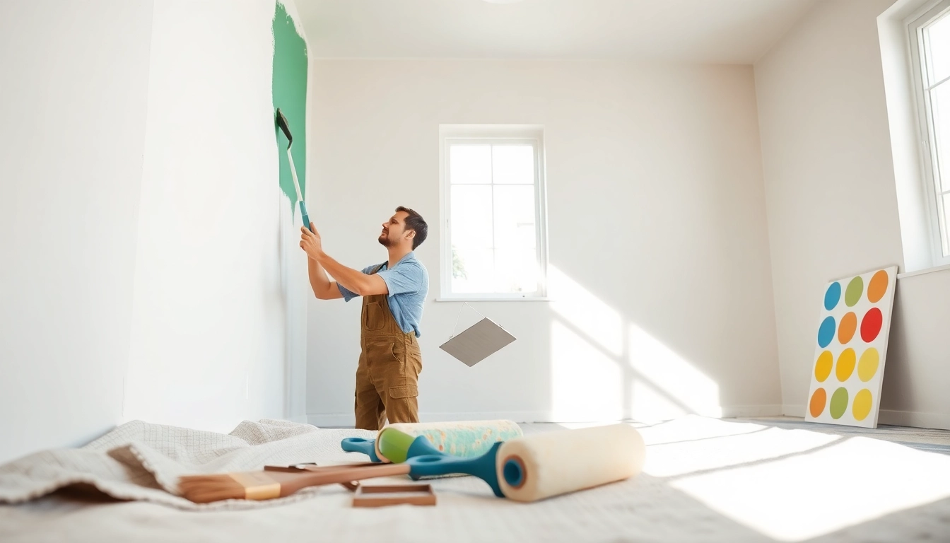 Painter demonstrating drywall painting techniques with vibrant colors and professional tools.