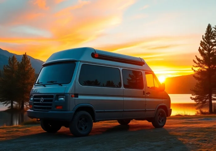 Admire the perfect campervan nestled by a stunning mountain backdrop under a warm sunset.