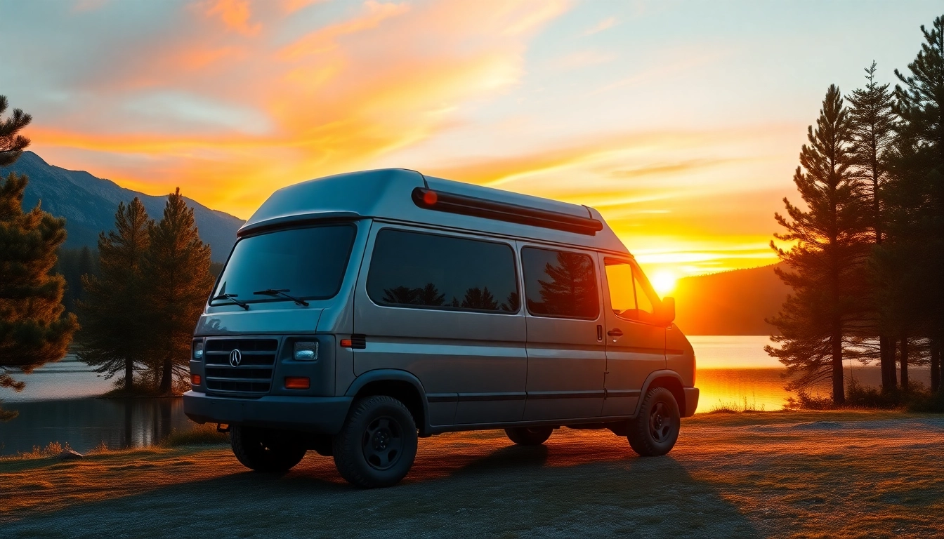 Admire the perfect campervan nestled by a stunning mountain backdrop under a warm sunset.