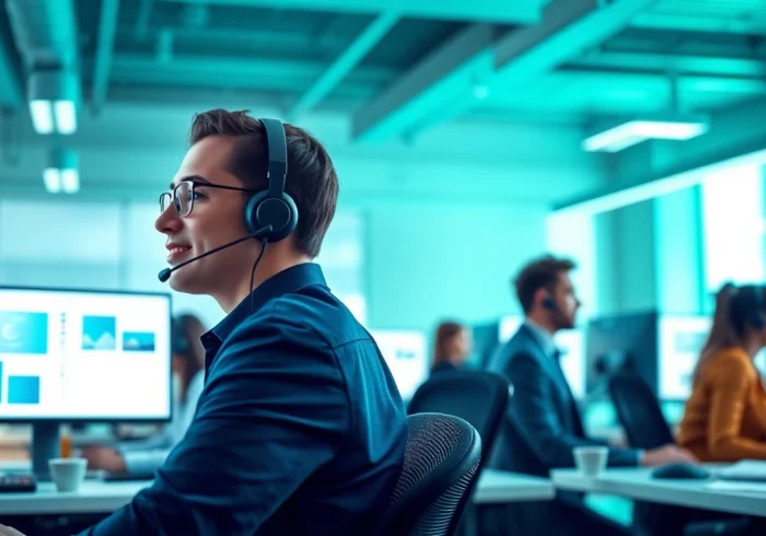Agents discussing Call Center Pricing in a modern office environment with collaborative teamwork.