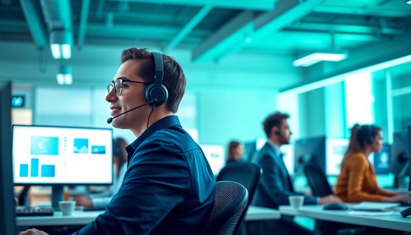 Agents discussing Call Center Pricing in a modern office environment with collaborative teamwork.